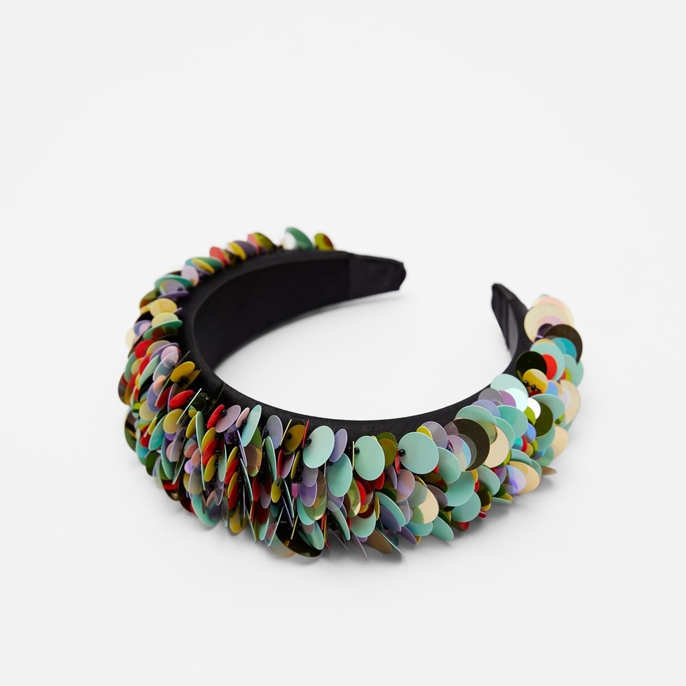 ZARA Padded Headband XL Wide Large Sequin Multicolored Green Rainbow Size Medium